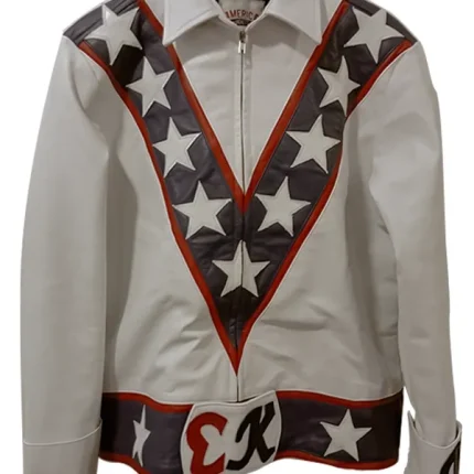 Evel Knievel leather jacket front view for men with bold biker style