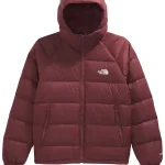 Front view of Hydrenalite down hoodie with attached hood, zip closure, and embroidered chest logo.