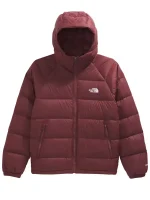 Front view of Hydrenalite down hoodie with attached hood, zip closure, and embroidered chest logo.