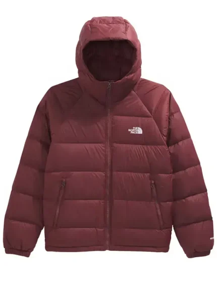 Front view of Hydrenalite down hoodie with attached hood, zip closure, and embroidered chest logo.