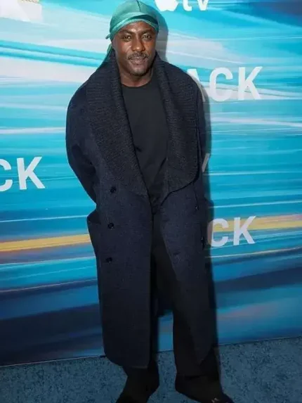 Idris Elba navy blue wool coat showing long overcoat style, clean lapels and winter-ready fit