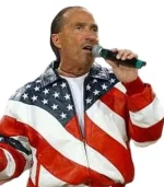 Full shot of the patriotic Lee Greenwood American Flag Leather Jacket by Zellberry Jackets.