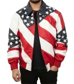 Close-up of the front zipper on the Lee Greenwood American Flag Leather Jacket from Zellberry Jackets.