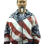 Front view of the Lee Greenwood American Flag Leather Jacket in red, white, and blue at Zellberry Jackets.