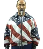 Front view of the Lee Greenwood American Flag Leather Jacket in red, white, and blue at Zellberry Jackets.