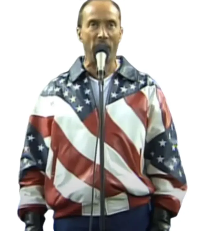 Lee-Greenwood-American-Flag-Leather-Jacket-View Front view of the Lee Greenwood American Flag Leather Jacket in red, white, and blue at Zellberry Jackets.