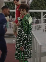 Lily Collins Emily Cooper green printed coat close look for outfit styling