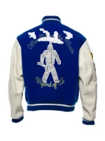 Back view of blue and white varsity jacket showing clean panel look, leather sleeves, and a neat varsity fit.