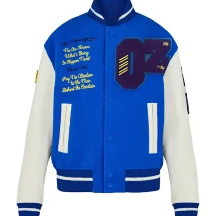 Front view of blue and white Wizard of Oz varsity jacket with wool body, leather sleeves, and snap button closure.