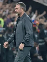 Close-up of Hansi Flick 2026 grey cotton jacket showing fabric texture