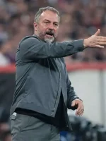 Front view of Hansi Flick grey cotton jacket with simple design