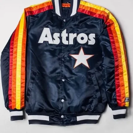 Men’s Houston Astros star blue satin bomber jacket with stripe detail