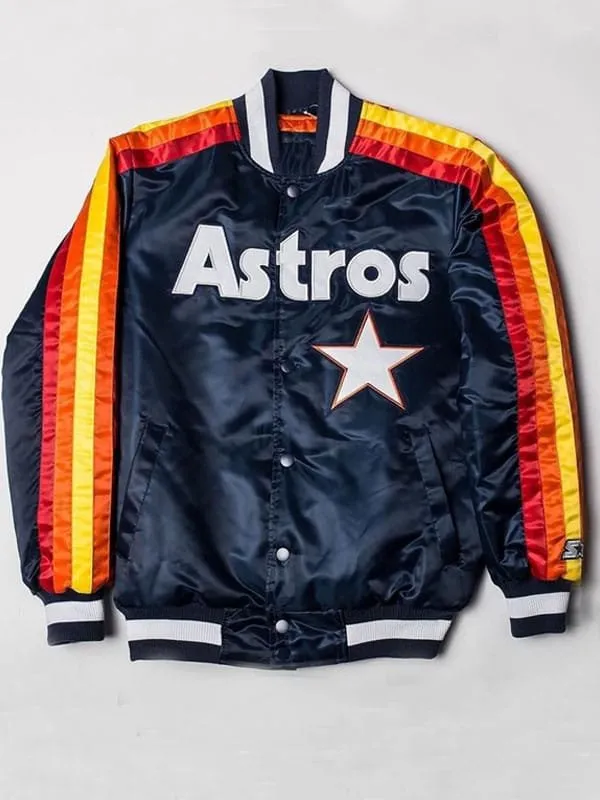 Mens-Houston-Astros-Bomber-Stripe-Blue-Jacket Men’s Houston Astros star blue satin bomber jacket with stripe detail