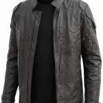 Front view of Men’s Transformers Decepticon Shield black armor leather jacket