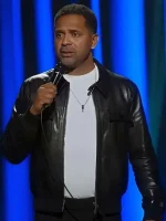 Front view of Mike Epps black leather bomber jacket