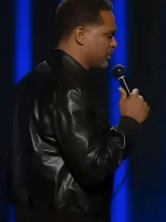 Close-up of Mike Epps black bomber leather jacket