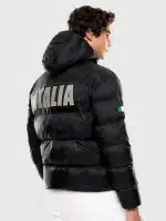 Back view of Team Italy EA7 black puffer jacket showing full coverage and a neat winter silhouette.