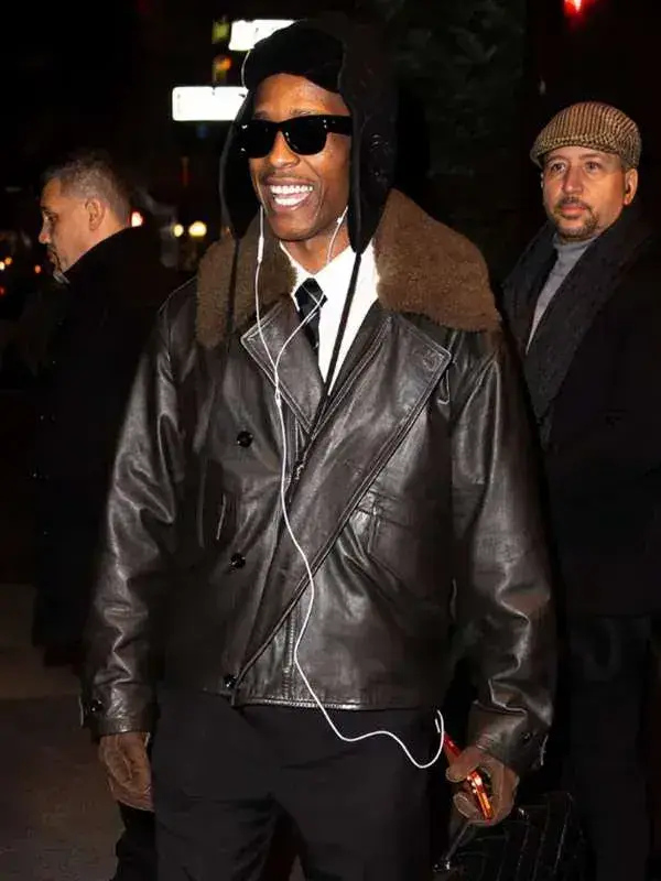 NYC-2026-AAP-Rocky-Shearling-Leather-Jacket. NYC 2026 ASAP Rocky shearling leather jacket with aviator design