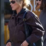 Bella Hadid-inspired brown leather jacket with sleek design