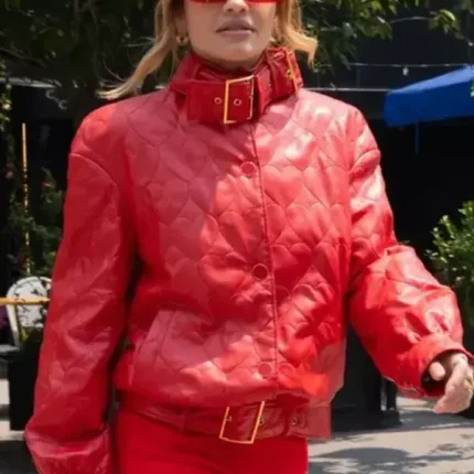 Front view of NYC Rita Ora Valentine jacket with red hearts quilted pattern and zip front style.