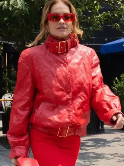 Front view of NYC Rita Ora Valentine jacket with red hearts quilted pattern and zip front style.