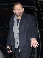 This image highlights the wool-style look of the jacket for people searching “Ben Affleck black wool jacket.” It’s useful for checking the clean shape and how it can match hoodies, sweaters, and casual outfits.