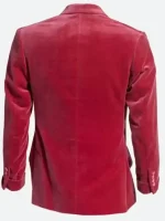Back view of burgundy velvet blazer showing clean tailoring and smooth formal finish