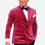 Close-up of burgundy velvet and double-breasted covered buttons on the Daniel Craig event blazer