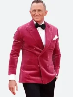 Close-up of burgundy velvet and double-breasted covered buttons on the Daniel Craig event blazer