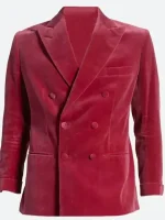 This close-up focuses on the velvet finish and the button detailing, showing the soft shine and neat stitching. It helps shoppers see the fabric feel before buying, especially for party and event wear. The deep burgundy tone looks strong yet classy, making it easy to style with black trousers and dress shoes.