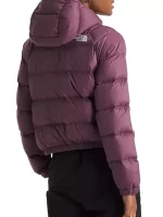 Back view of women’s maroon puffer jacket showing full coverage, hood, and clean winter silhouette for daily wear.