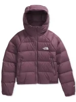 Hooded view of women’s maroon puffer jacket showing hood coverage, padded design, and zip front winter style.