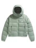 Close view of women’s olive green puffer jacket showing zipper detail, stitching lines, and smooth outer finish.