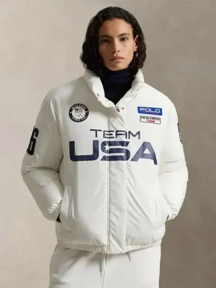 Olympics 2026 Team USA white down puffer jacket showing padded winter style and clean sporty look for daily wear