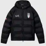 Front view of Team Italy EA7 black puffer jacket showing zip closure, padded winter panels, and clean sporty look.