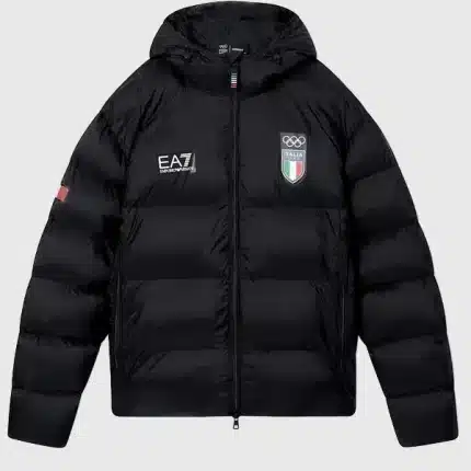 Front view of Team Italy EA7 black puffer jacket showing zip closure, padded winter panels, and clean sporty look.