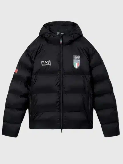 Front view of Team Italy EA7 black puffer jacket showing zip closure, padded winter panels, and clean sporty look.