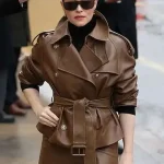 Claire Foy brown leather jacket with belted design, Paris Fashion Week look