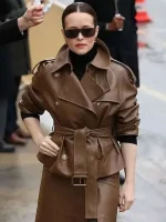 Claire Foy brown leather jacket with belted design, Paris Fashion Week look