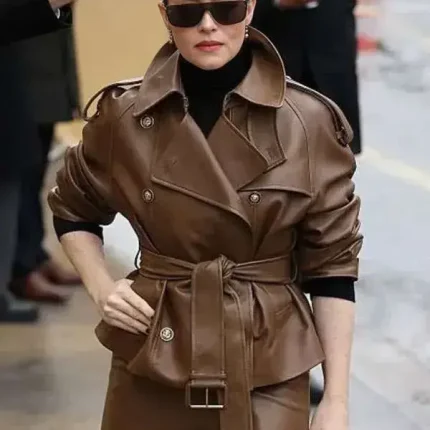 Claire Foy brown leather jacket with belted design, Paris Fashion Week look