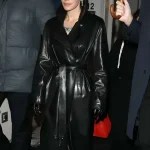 PFW 2026 Lily Allen black leather coat in trench style for streetwear