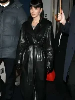 PFW 2026 Lily Allen black leather coat in trench style for streetwear