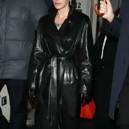 PFW 2026 Lily Allen black leather coat in trench style for streetwear