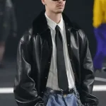 Romeo Beckham black leather jacket with fur collar for men