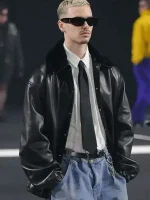 Romeo Beckham black leather jacket with fur collar for men