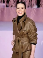 Claire Foy brown belted leather jacket for Paris Fashion Week 2026