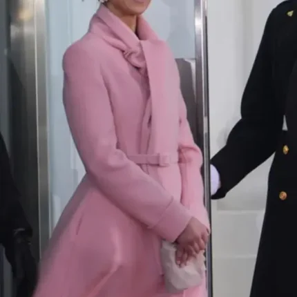 Front view of Usha Vance Pink Coat with scarf-style collar, clean fit, and elegant formal winter look