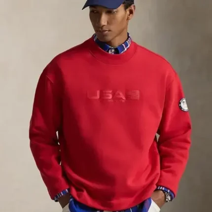 Red Team USA mockneck sweatshirt showing cozy fleece look and clean pullover fit for winter outfits