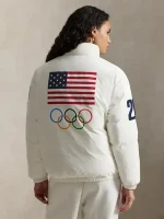 Team USA Olympics 2026 white down puffer jacket view showing winter padding and an easy fit for travel and cold days