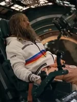 Project Hail Mary Ryan Gosling white zip hoodie with rainbow stripe detail and hooded style